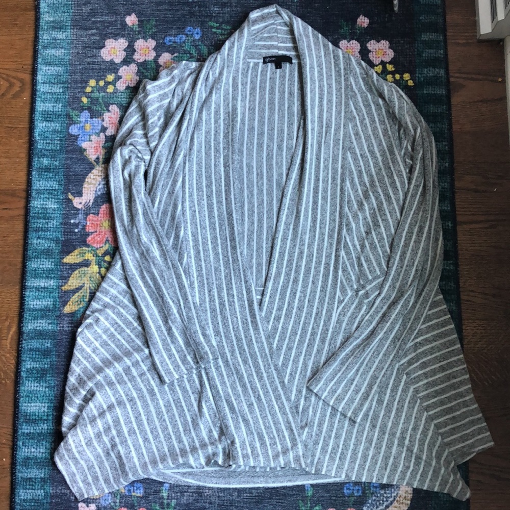 Gibson Look Cozy Fleece Striped Flowy Open-Front Cardigan Size Large